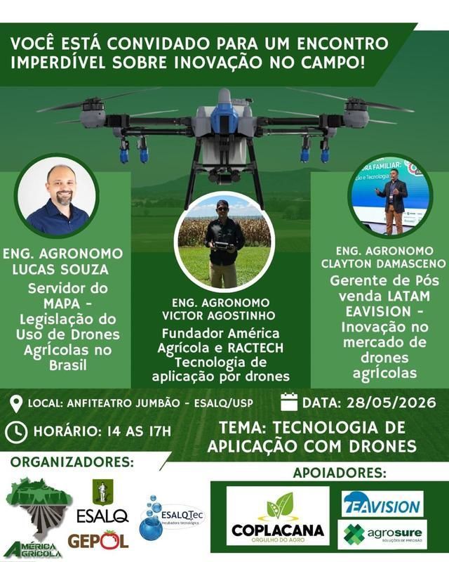 Evento debate inova��o e uso de drones agr�colas na Esalq/USP -  Atividade ser� realizada no dia 28 de maio de 2026, no campus da Esalq, em Piracicaba